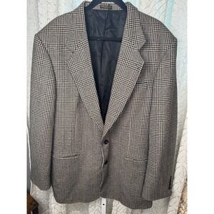 Vintage Oscar de‎ la Renta Men's Blazer Glen Plaid Wool Cashmere Blend Tan 44L